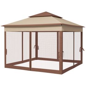 Outdoor Patio Pop Up Canopy Gazebo Shelter with Zipper Netting, Carry Bag, 11' x 11', Khaki